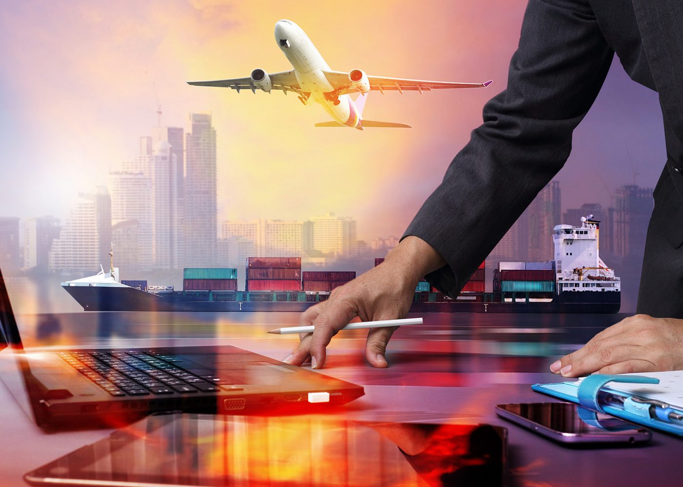 businessman working with Container Cargo ship and Cargo plane with big city  in seaport , logistic import export background and transport industry.